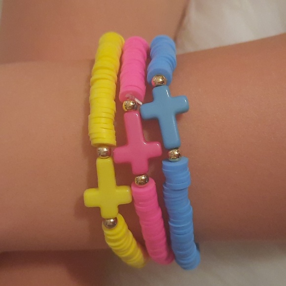 Kids Stackable Clay Beaded Bracelet with Cross-3 Pcs Set - Picture 1 of 7